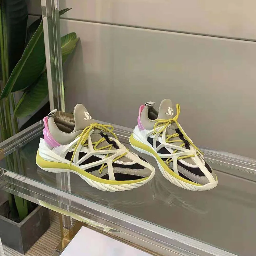 Jimmy Choo Cosmos/F Marl Grey Lime and Pink Leather and Neoprene Low for Women in Top Trainers