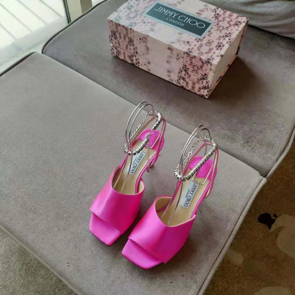 Jimmy Choo Sae 90 Fuchsia Satin Sandals with Crystal Chain Embellishment for Women Jimmy Choo Sae 90 Fuchsia Satin Sandals with Crystal Chain Embellishment for Women