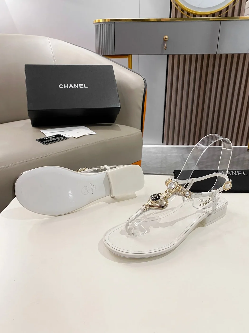 Chanel Crystal Low Heels Flip Flops White