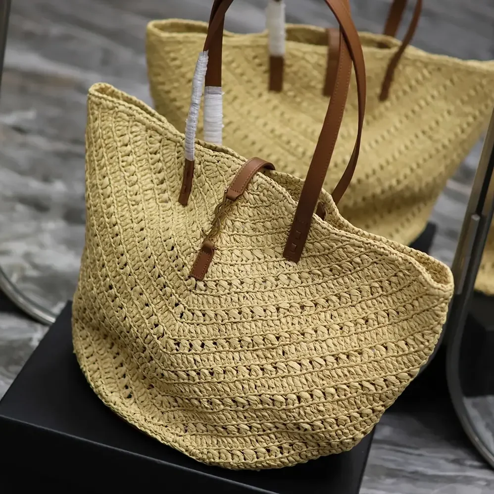 Saint Laurent YSL Panier Medium in Raffia and Vegetable for Women in tanned Leather Saint Laurent YSL Panier Medium in Raffia and Vegetable for Women in tanned Leather