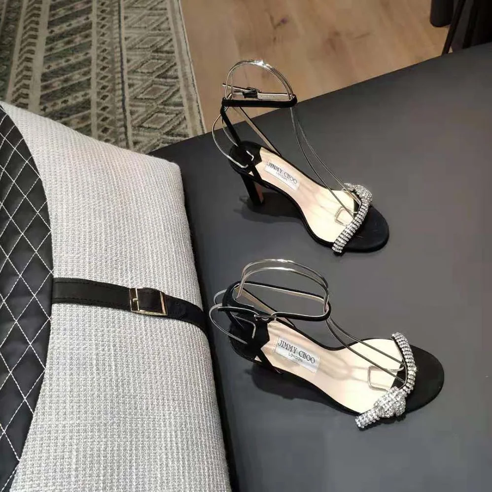 Jimmy Choo Thyra 100 Black Suede Sandals with Pavé Crystal Cord Detail for Women Jimmy Choo Thyra 100 Black Suede Sandals with Pavé Crystal Cord Detail for Women