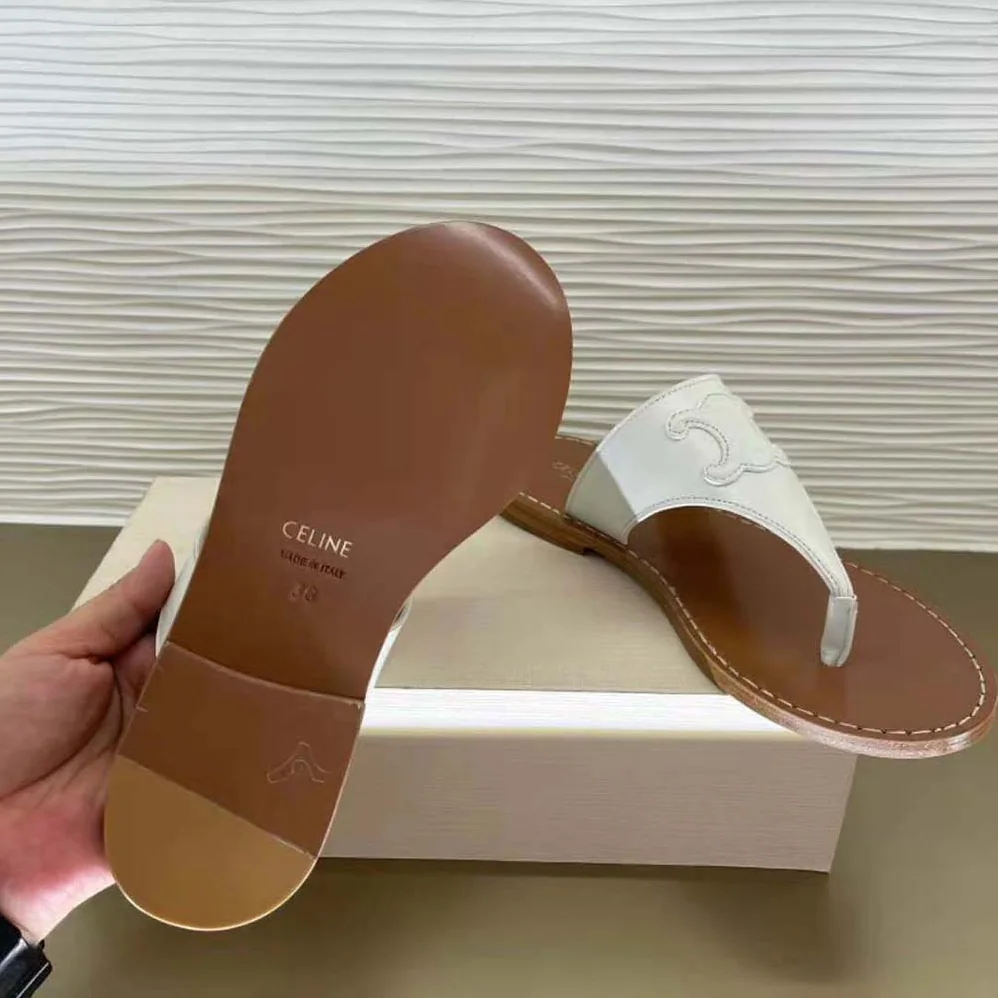 Celine Triomphe Flat Thong in Calfskin for Women in White Celine Triomphe Flat Thong in Calfskin for Women in White