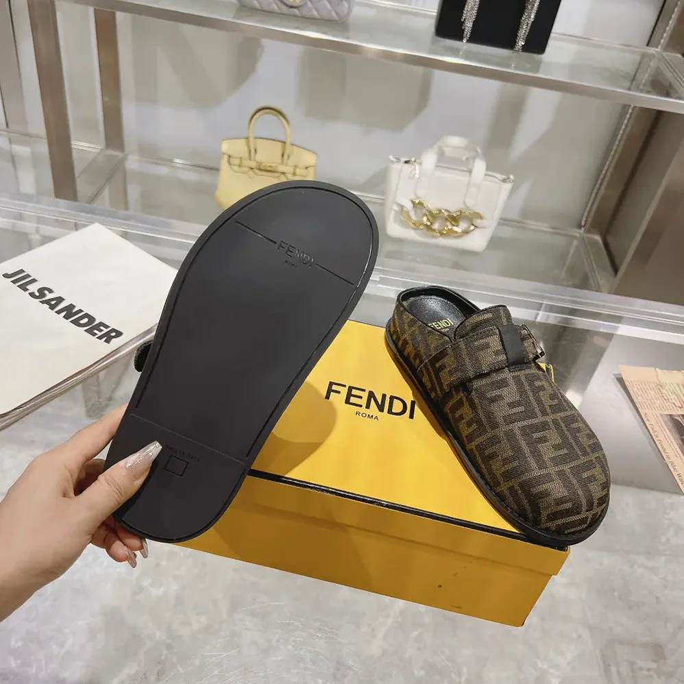 Fendi Feel Brown Fabric Sabots for Unisex