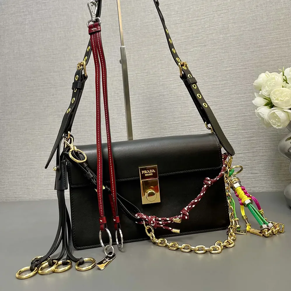 Prada Soft Sound Small Leather Shoulder Bag with Charms for Women in Black