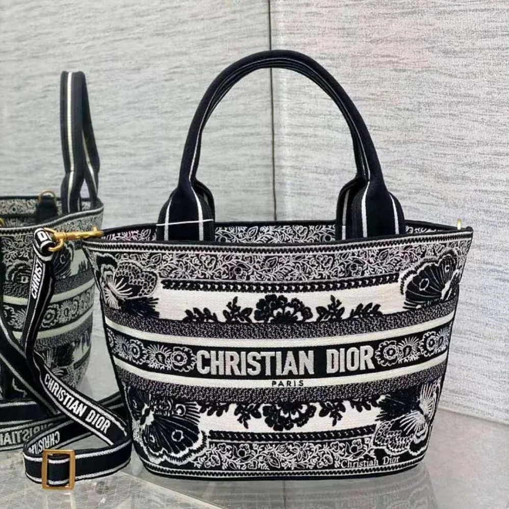 Dior Hat Basket Bag White and Black Butterfly Bandana Embroidery for Women Dior Hat Basket Bag White and Black Butterfly Bandana Embroidery for Women