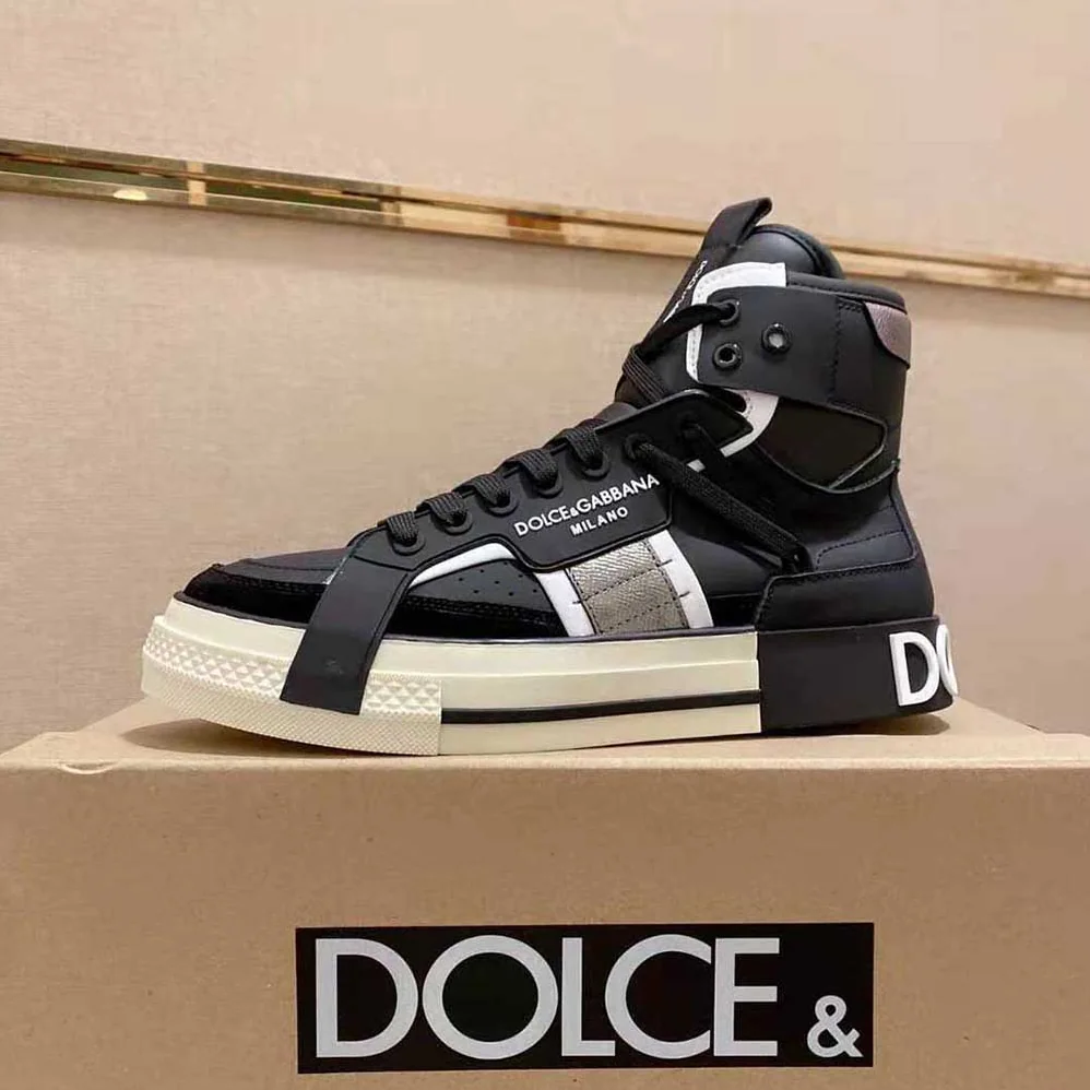 Dolce Gabbana D&G Calfskin 2.Zero Custom High-Top Sneakers with Contrasting Details for Men in Black