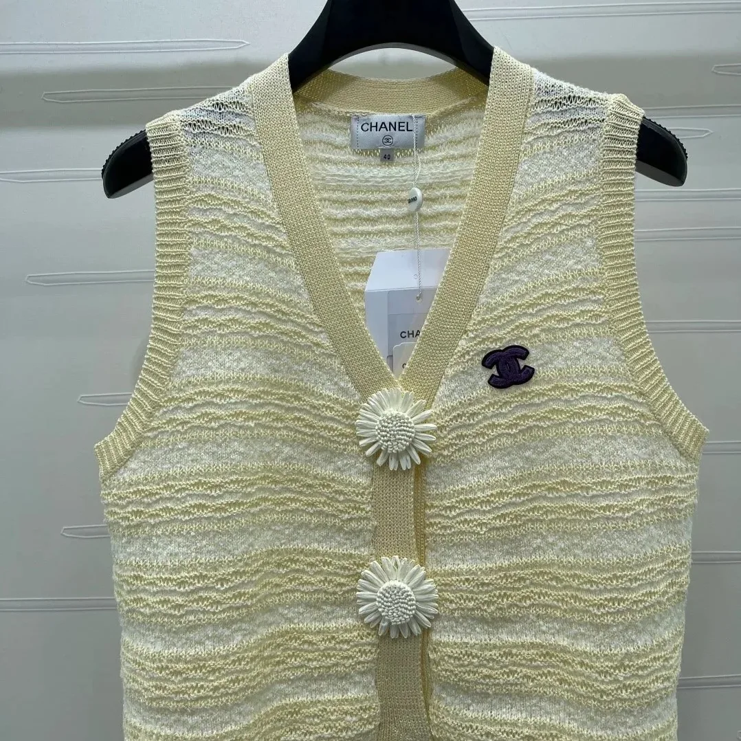 Chanel Striped Pointelle Sleeveless Top With Camellia Buttons Light Yellow