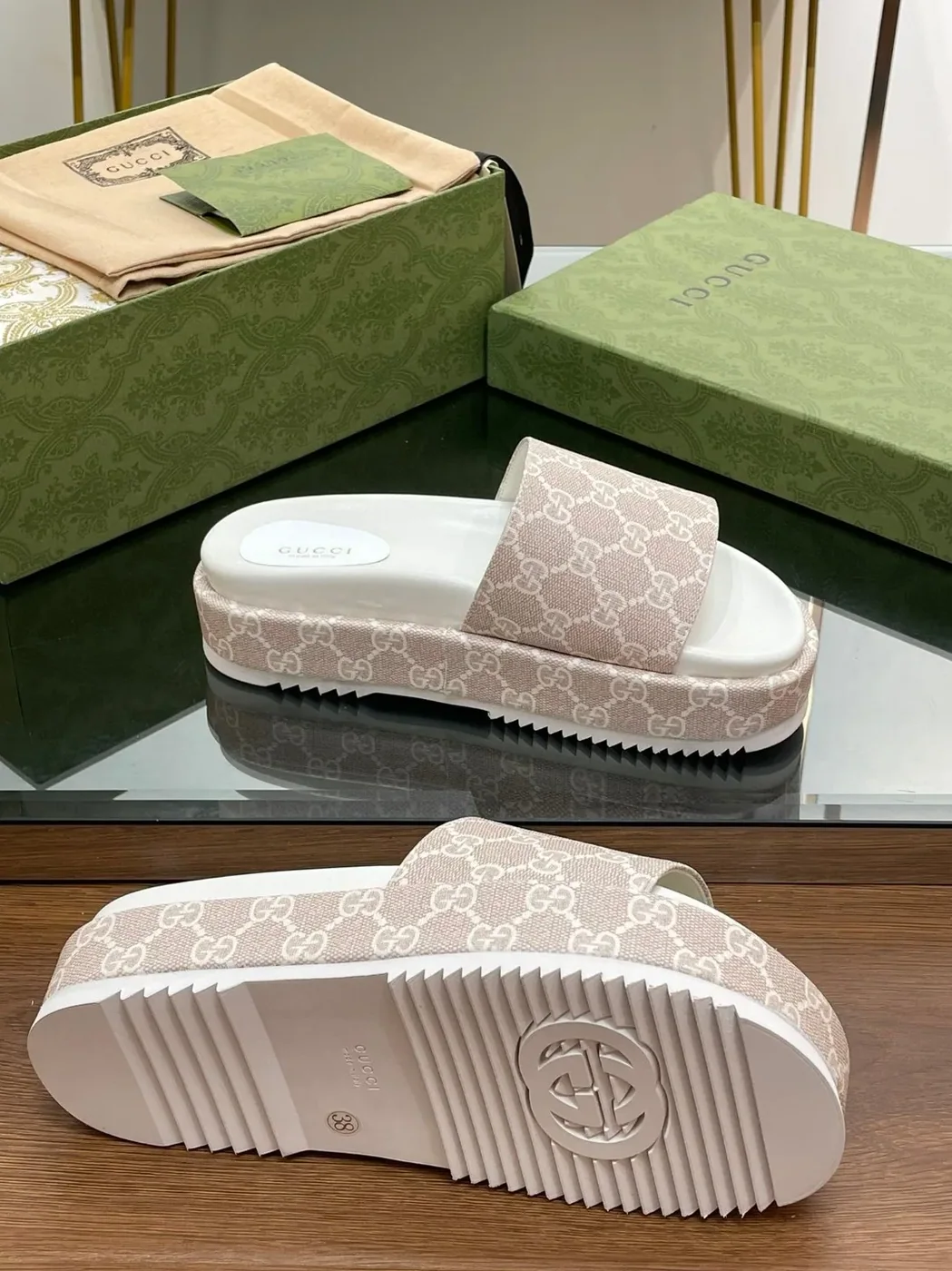 Gucci Jumbo Gg Platform Slide Sandal Light Green