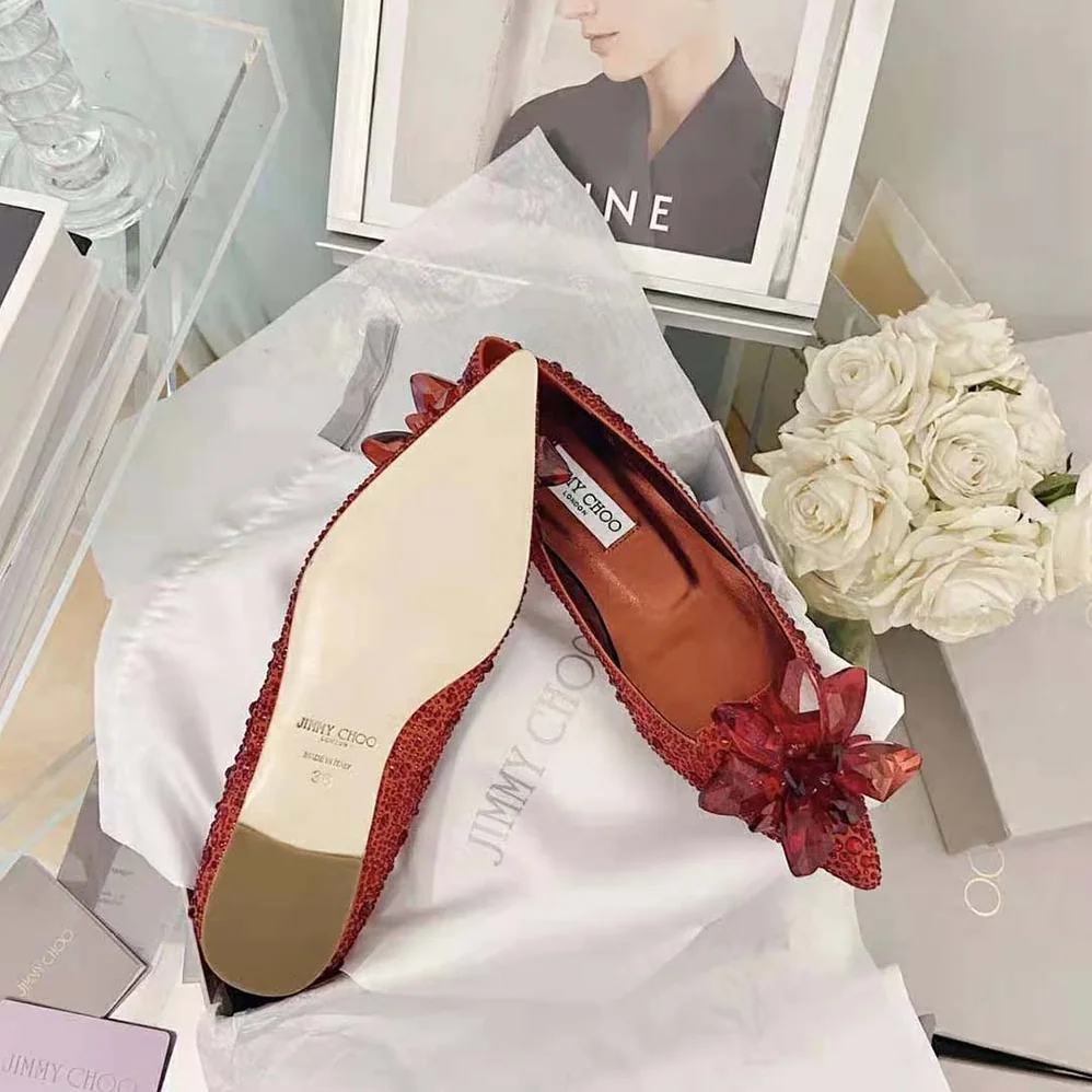 Jimmy Choo Attila Red Crystal Covered Pointy Toe Flats for Women Jimmy Choo Attila Red Crystal Covered Pointy Toe Flats for Women