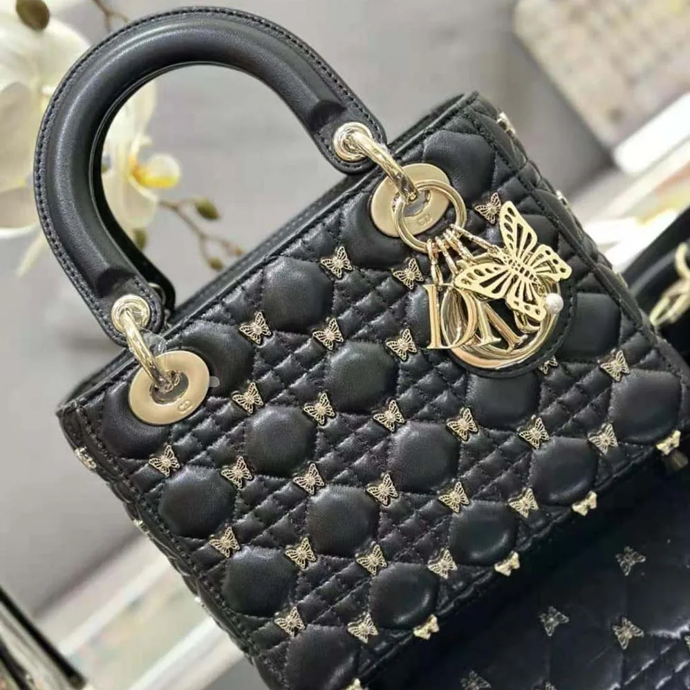 Dior Small Lady Dior Bag Black Cannage Lambskin with Gold for Women in Finish Butterfly Studs