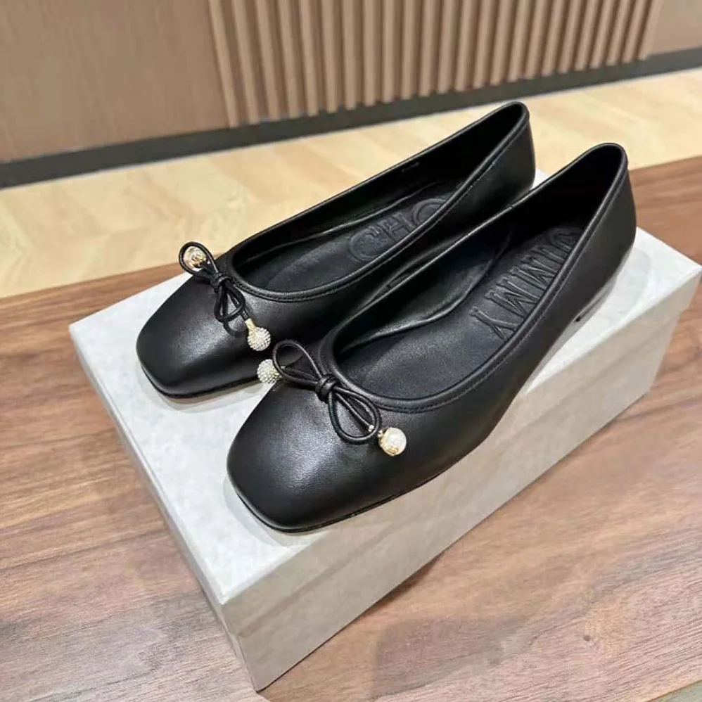 Jimmy Choo Elme Flat Black Nappa Leather Flats with Pearl Embellishment for Women Jimmy Choo Elme Flat Black Nappa Leather Flats with Pearl Embellishment for Women