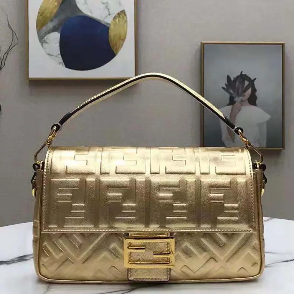 Fendi Baguette Fendi Prints On Leather Bag for Women in Gold Fendi Baguette Fendi Prints On Leather Bag for Women in Gold