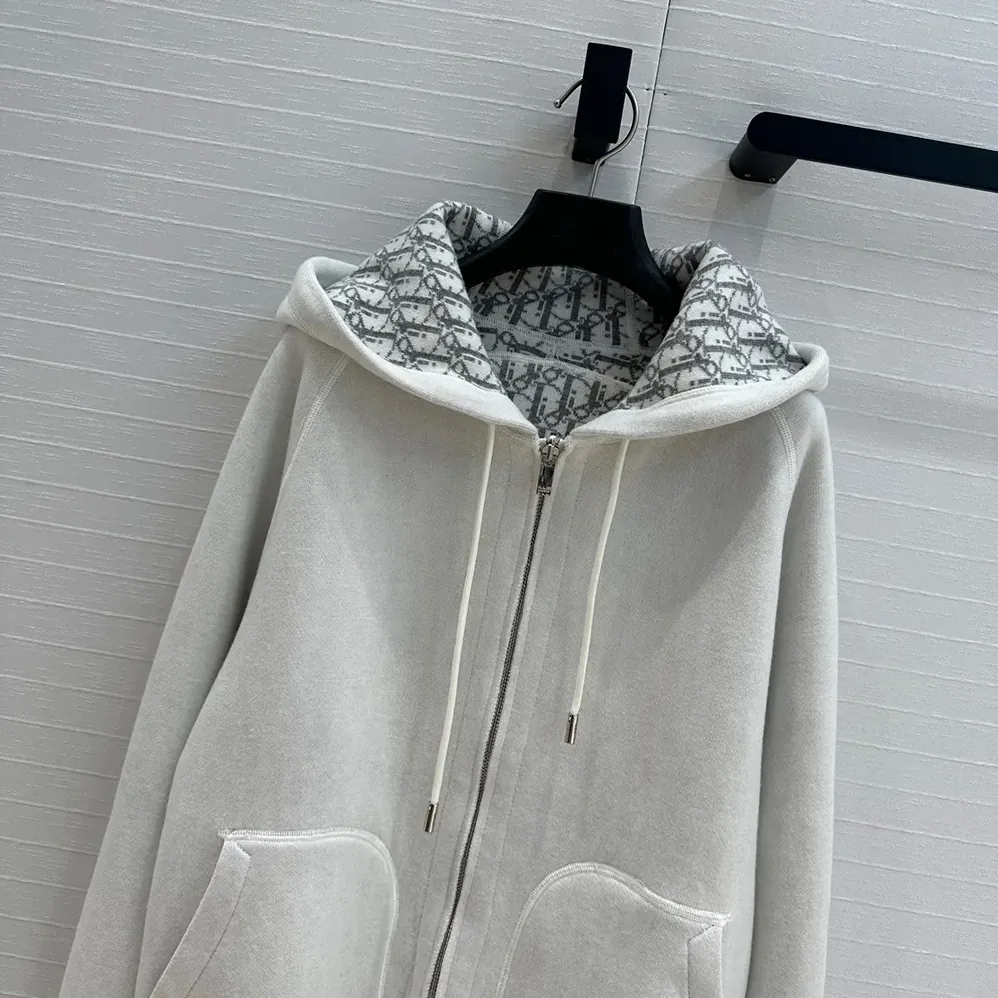 Dior Hooded Track Jacket White Cotton Knit and Cashmere for Men