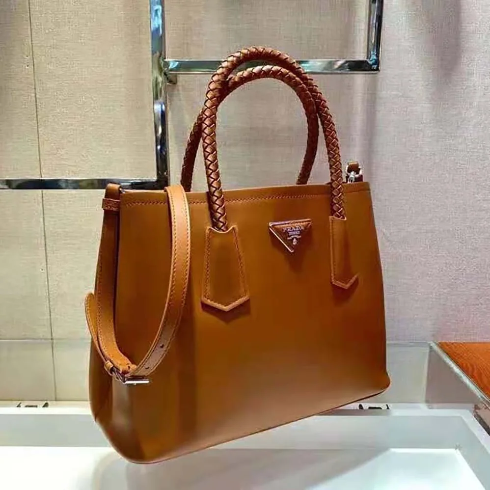 Prada Prada Double Medium Leather Handbag for Women in Brown Prada Prada Double Medium Leather Handbag for Women in Brown