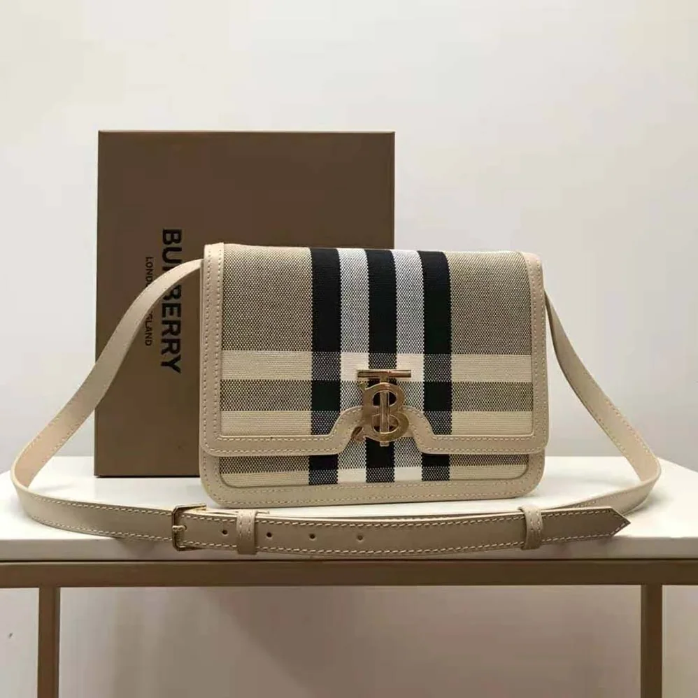 Burberry Medium Check Canvas and Leather TB Bag for Women in Beige Burberry Medium Check Canvas and Leather TB Bag for Women in Beige