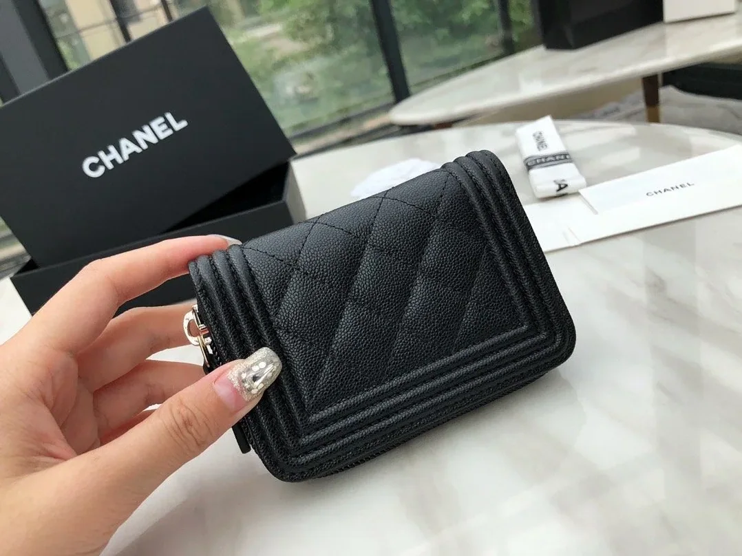Chanel CO-CO Boy Chanel Zipped Coin Purse in Gold Toned Hardware Black