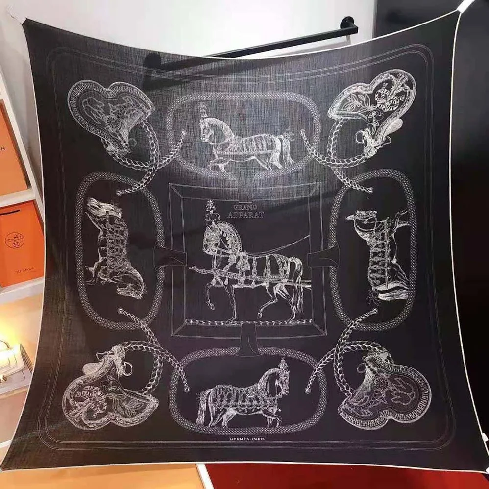 Hermes Embroidered Grand Apparat Scarf 90 for Women in Black Hermes Embroidered Grand Apparat Scarf 90 for Women in Black
