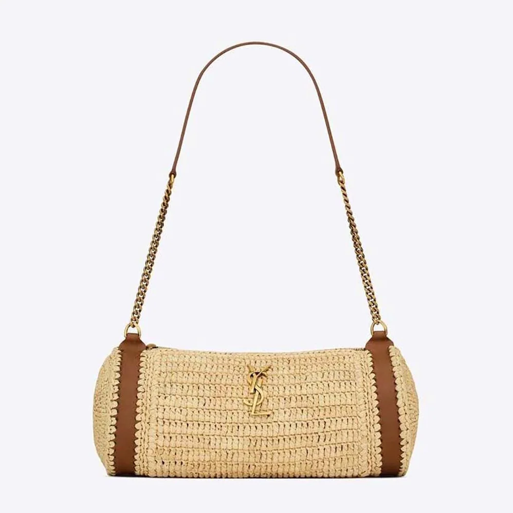 Saint Laurent YSL Cassandre Small Cylindric Bag in Raffia and Vegetable for Women in tanned Leather Saint Laurent YSL Cassandre Small Cylindric Bag in Raffia and Vegetable for Women in tanned Leather