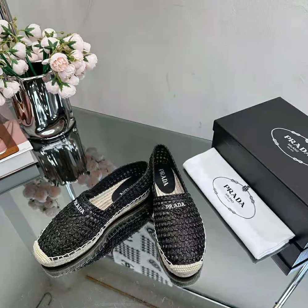 Prada Crochet Espadrilles with Embroidered Logo for Women in Black Prada Crochet Espadrilles with Embroidered Logo for Women in Black