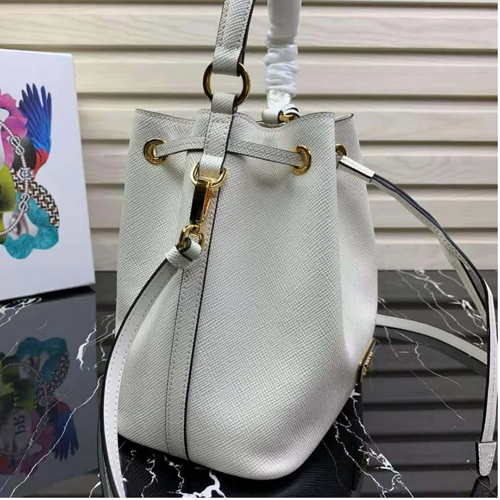 Prada Saffiano Leather Bucket Bag for Women in White Prada Saffiano Leather Bucket Bag for Women in White