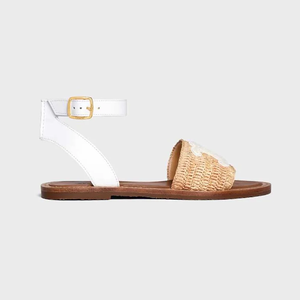 Celine Lympia Flat Strap Sandal in Raffia & Calfskin for Women in White Celine Lympia Flat Strap Sandal in Raffia & Calfskin for Women in White