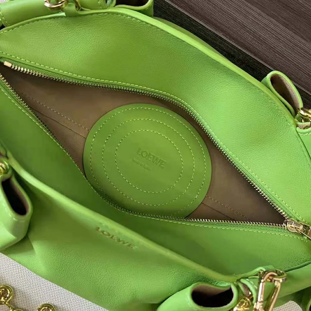 Loewe Small Paseo Bag in Shiny Nappa Calfskin with Chain for Women in Green
