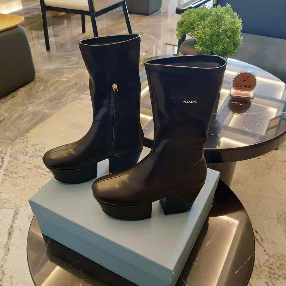 Prada Technical Nappa Leather Platform Boots for Women in Black Prada Technical Nappa Leather Platform Boots for Women in Black