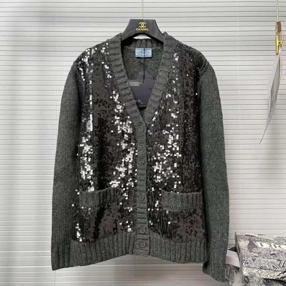 Prada Sequin Embellished Wool Cardigan for Women in Silver Prada Sequin Embellished Wool Cardigan for Women in Silver