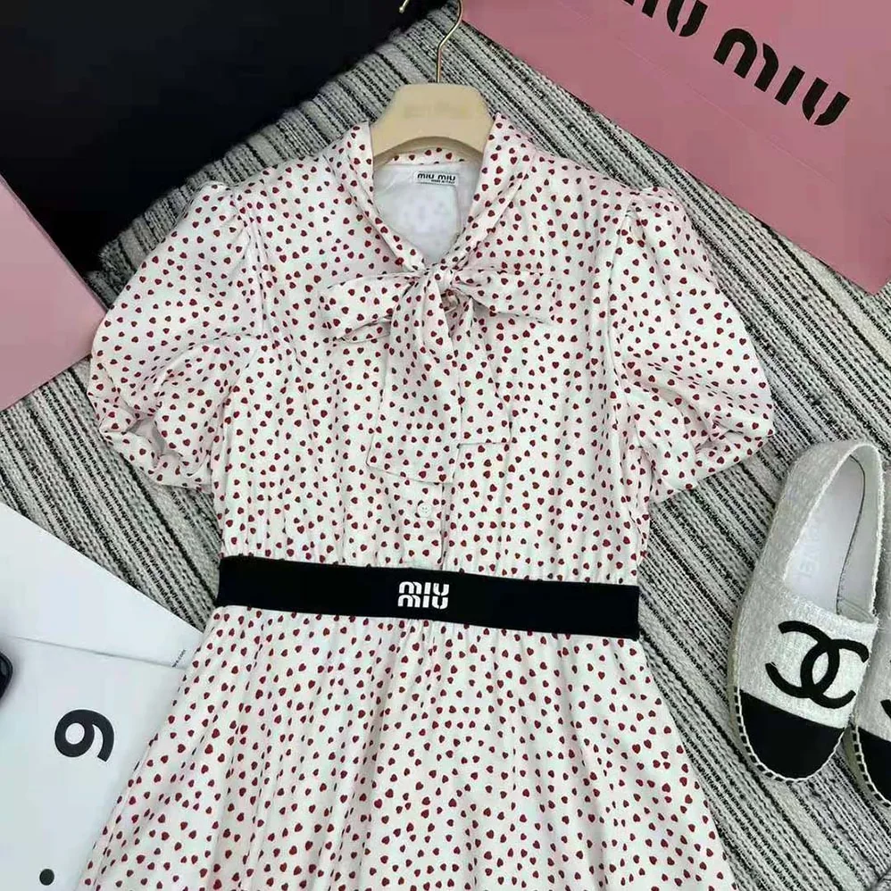 Miu Miu Crepe De Chine Mini for Women in Dress with Heart Print Miu Miu Crepe De Chine Mini for Women in Dress with Heart Print