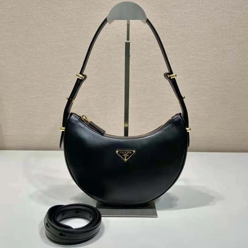 Prada Leather Shoulder Bag with Enameled Metal Triangle Logo for Women in Black