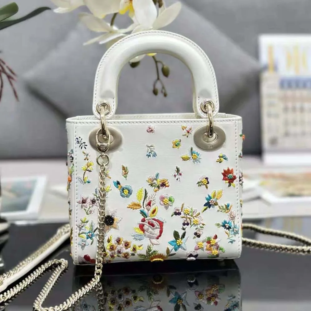 Dior Mini Lady Dior Bag Latte Calfskin Embroidered with Multicolor Small Flowers for Women