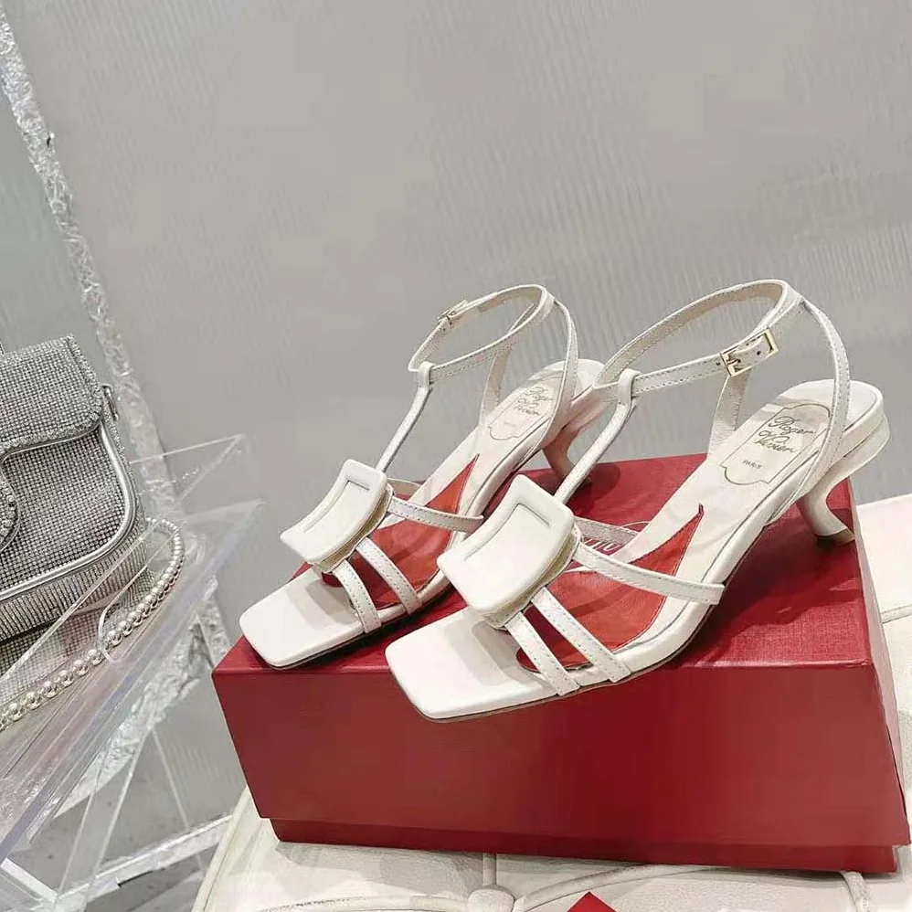 Roger Vivier Virgule Covered Buckle Sandals in Leather for Women in White Roger Vivier Virgule Covered Buckle Sandals in Leather for Women in White