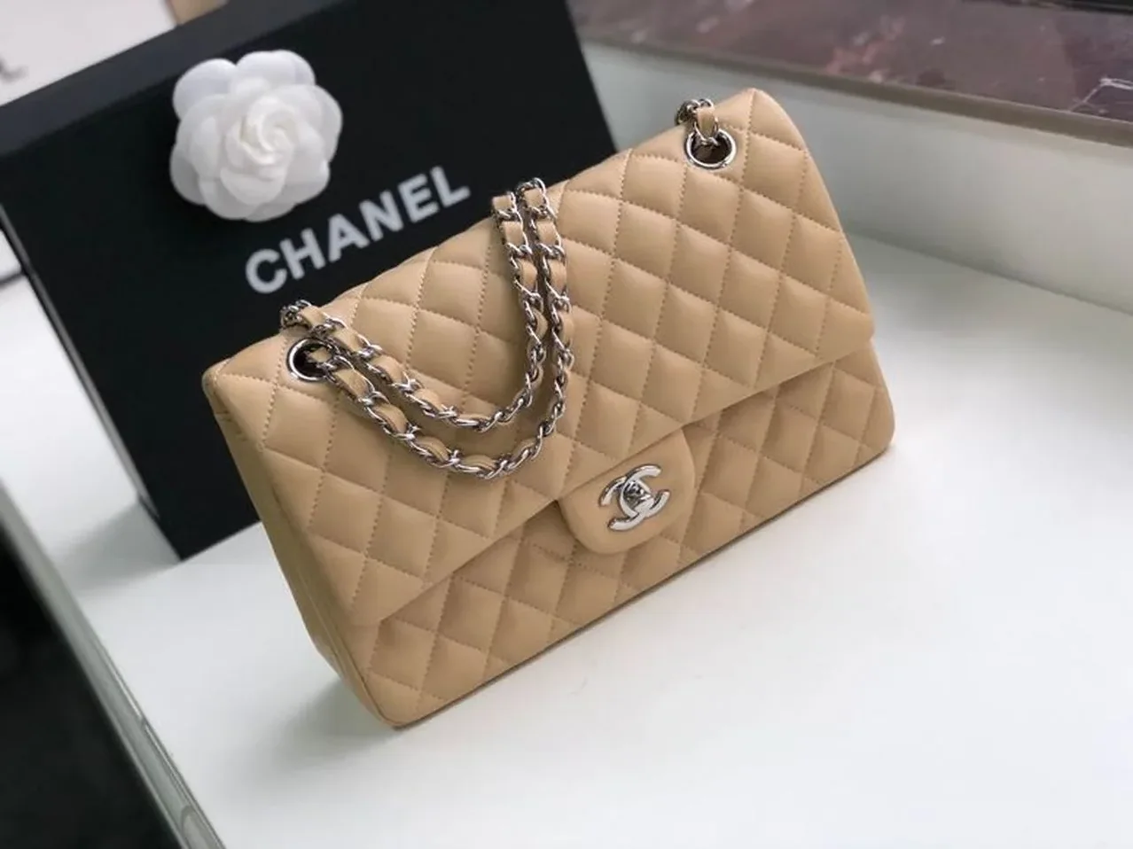 Chanel Classic Double Flap Bag Medium Crossbody in Beige Silver Hardware