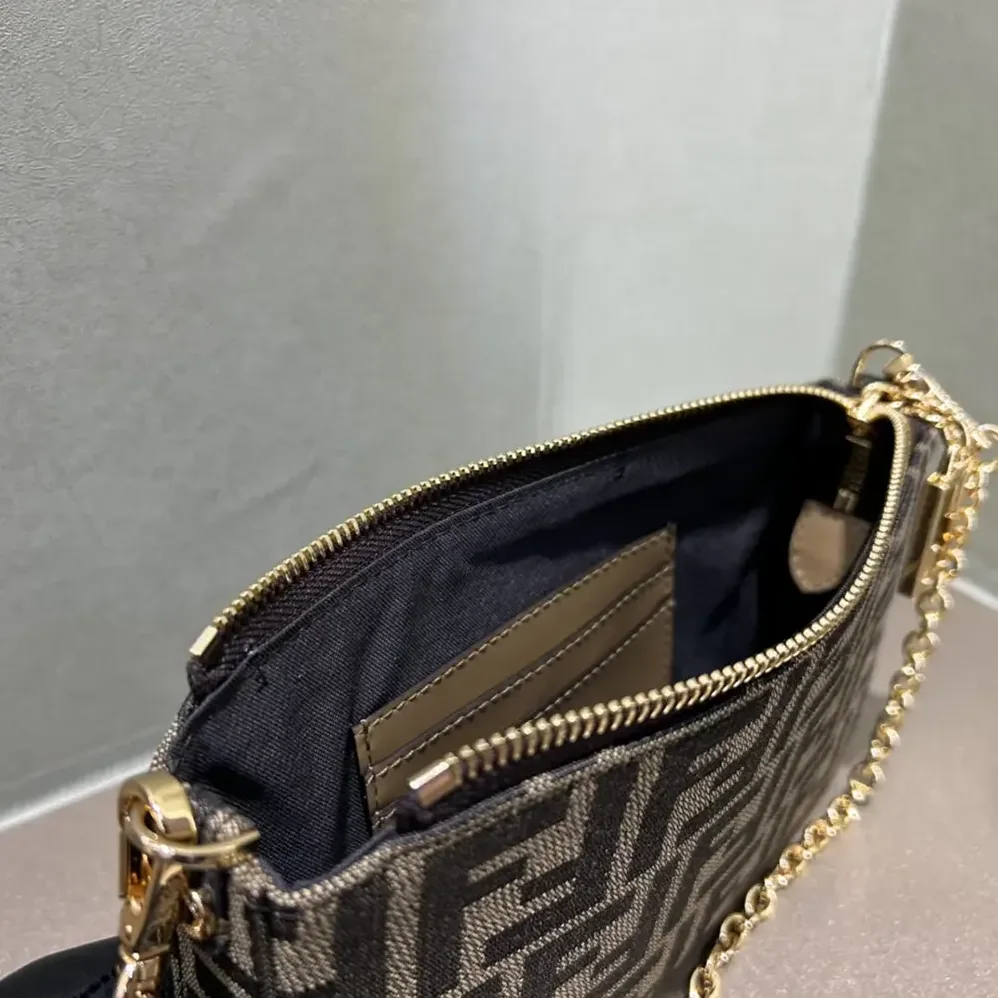 Fendi Baguette Pouch Brown Jacquard FF Fabric Clutch with Chain for Women