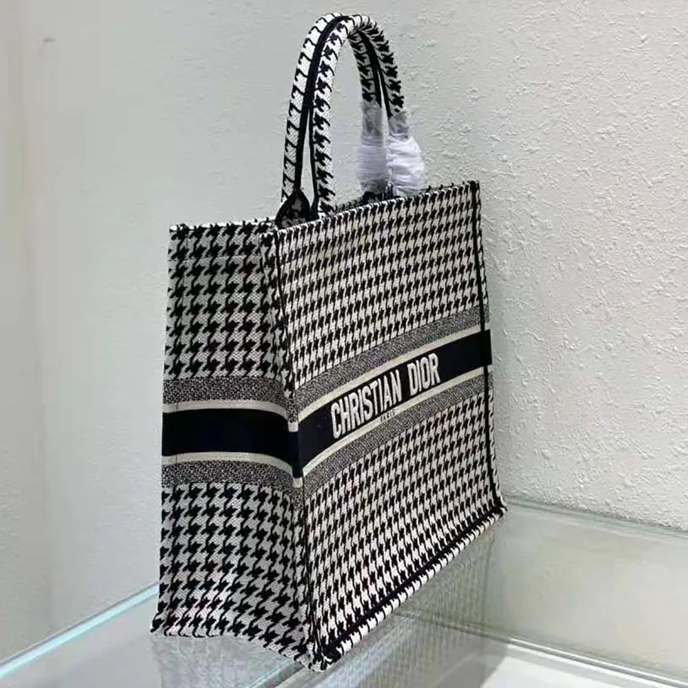 Dior Book Tote Black and White Houndstooth Embroidery for Women