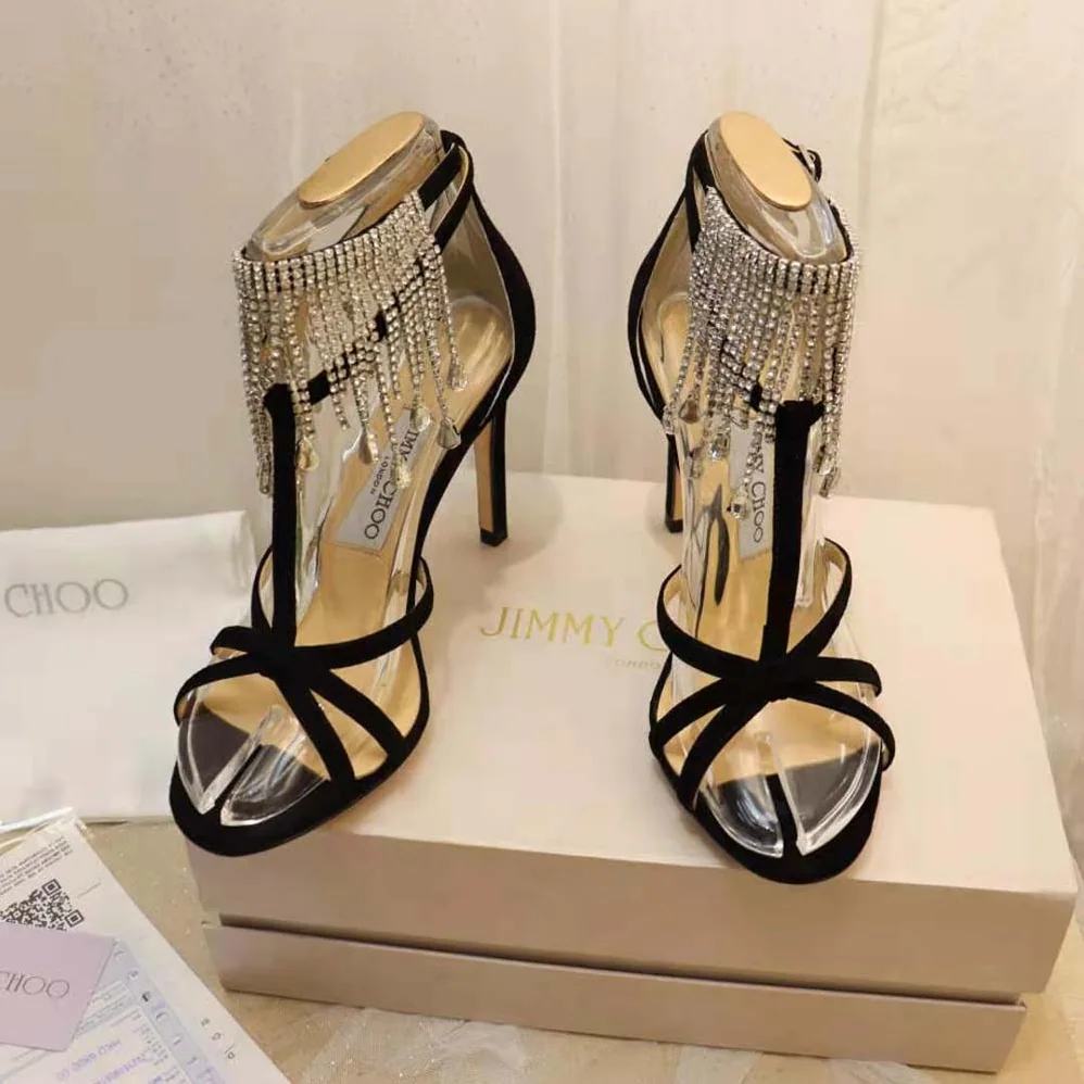 Jimmy Choo Bijou 100 Black Suede Sandals with Crystal Drape for Women
