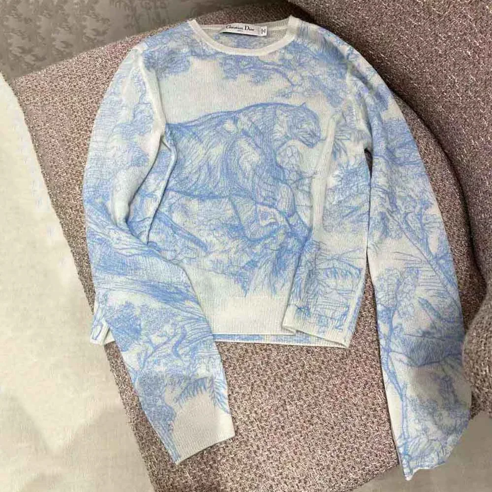 Dior Chez Moi Embroidered Sweater Cornflower Blue Technical Cashmere Knit for Women Dior Chez Moi Embroidered Sweater Cornflower Blue Technical Cashmere Knit for Women