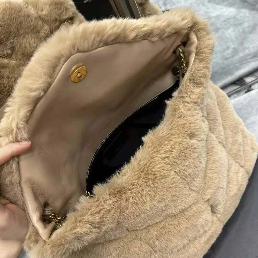 Saint Laurent YSL Puffer Small Bag in Merino Shearling and Lambskin for Women in Sandy Saint Laurent YSL Puffer Small Bag in Merino Shearling and Lambskin for Women in Sandy