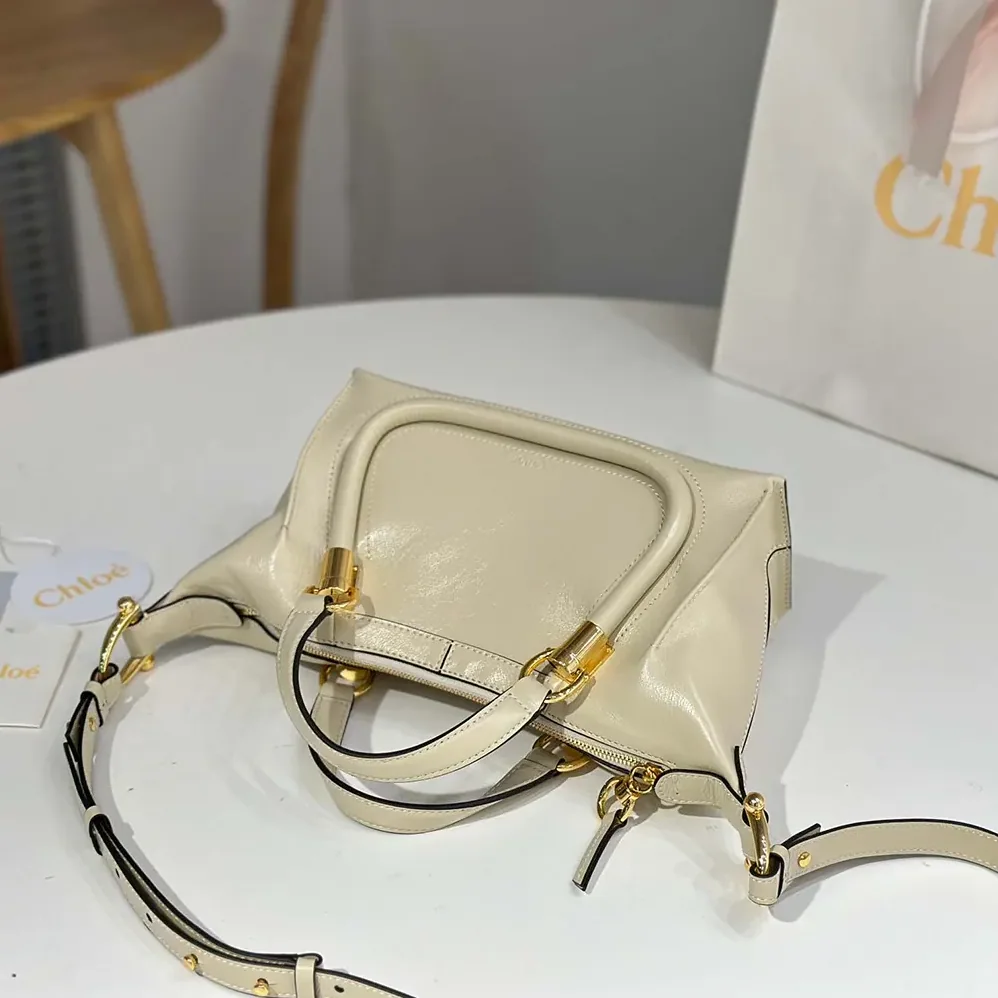 Chloe Small Paraty 24 Bag in Shiny Leather for Women in Beige