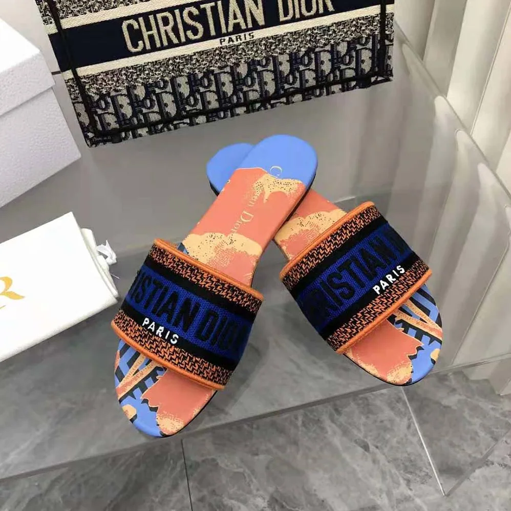 Dior Dway Slide Blue Multicolor D for Women in Flower Pop Cotton Embroidery