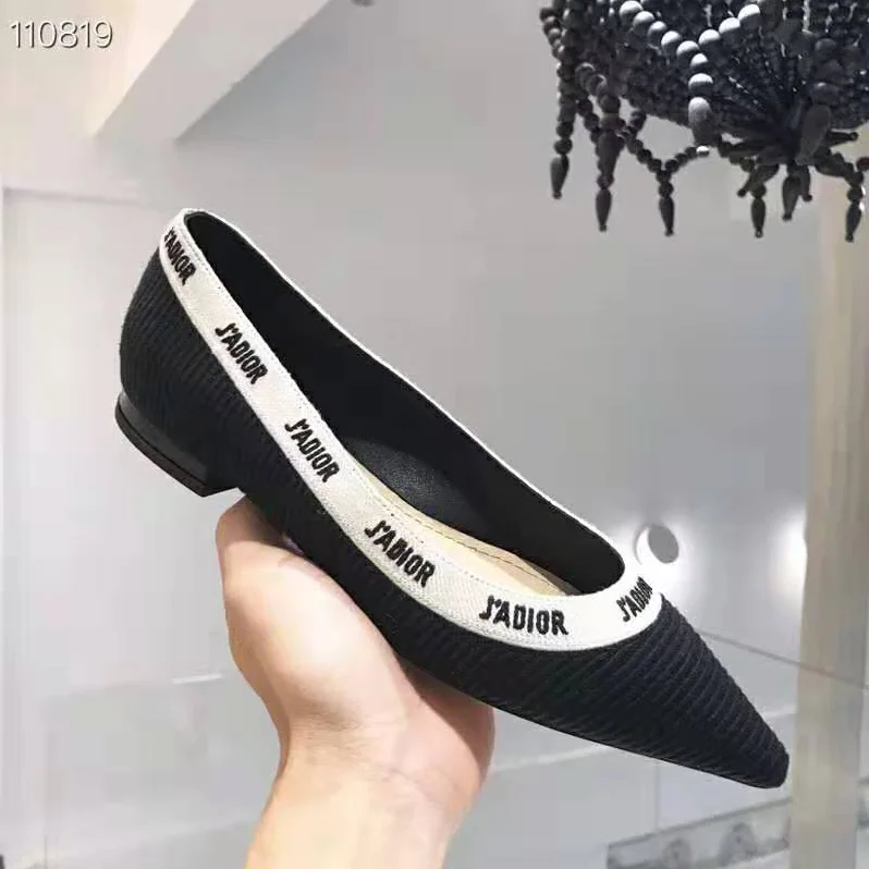 Dior J'adior Embroidered Ballet Flat Technical Canvas Embroidered Ribbon for Women in Black