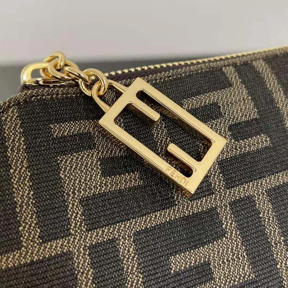 Fendi Baguette Pouch Brown Jacquard FF Fabric Clutch with Chain for Women Fendi Baguette Pouch Brown Jacquard FF Fabric Clutch with Chain for Women