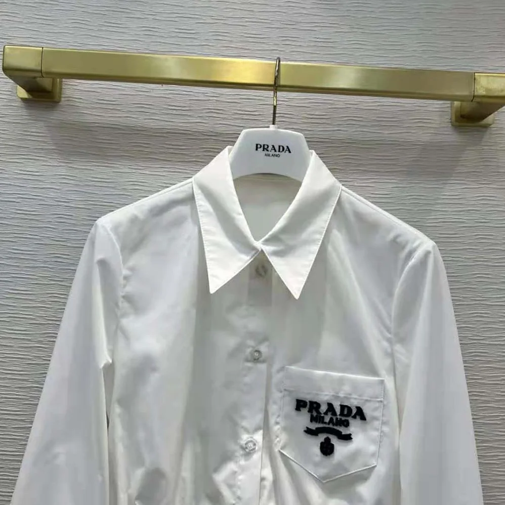 Prada Embroidered Cropped Poplin Shirt for Women Prada Embroidered Cropped Poplin Shirt for Women