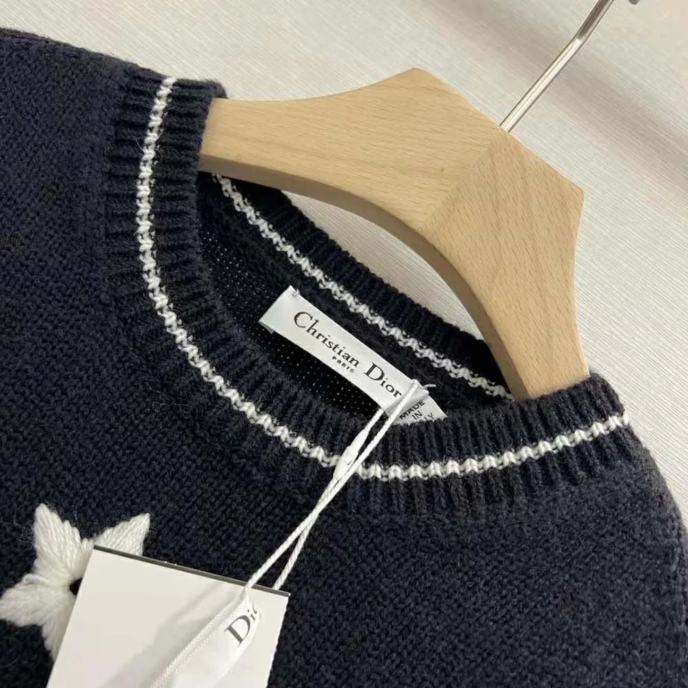 Dior Christian Dior Short-Sleeved Sweater Navy Blue Cashmere and Wool Knit for Women