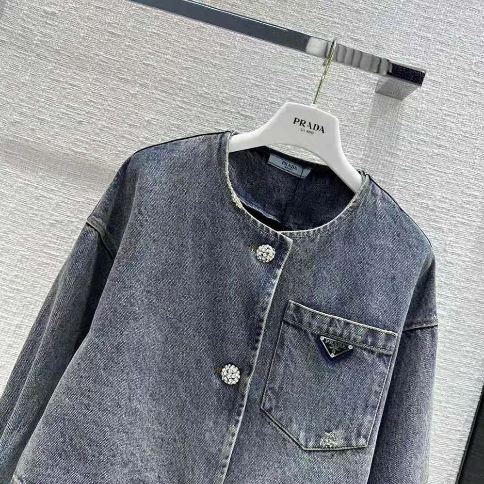 Prada Denim Blouson Jacket with Triangle Logo for Women Prada Denim Blouson Jacket with Triangle Logo for Women