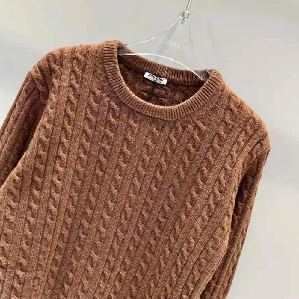 Miu Miu Cashmere Sweater with Knit Logo Patch for Women in Brown Miu Miu Cashmere Sweater with Knit Logo Patch for Women in Brown