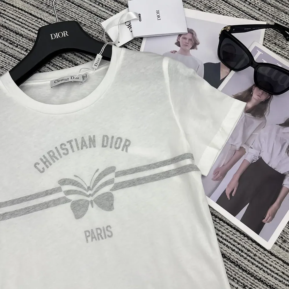 Dior T-Shirt White Cotton and Linen Jersey with Gray Christian Dior Papillon Motif for Women