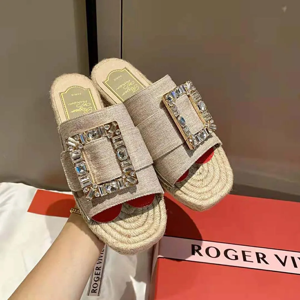 Roger Vivier Strass Buckle Espadrille Mules in Fabrics