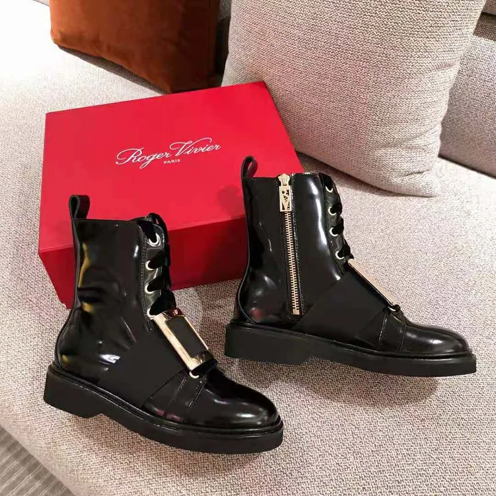 Roger Vivier Viv' Rangers Metal Buckle Ankle Boots in 1.5cm Heel for Women in Black