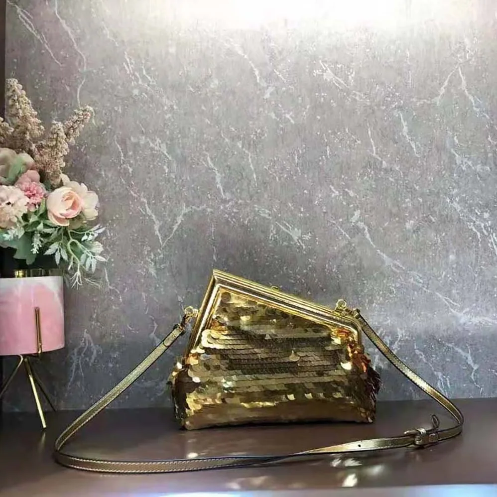 Fendi First Small Gold-colored Leather and Sequinned Bag for Women
